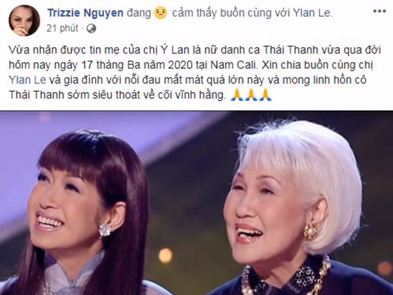 Ca sĩ Trizzie Phương Trinh gửi lời chia buồn đến ca sĩ Ý Lan - con gái danh ca Thái Thanh khi mẹ của cô qua đời.