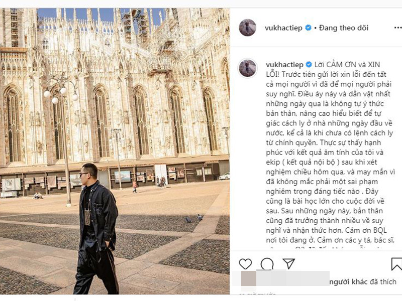 Trước làn sóng chỉ trích, Khắc Tiệp lên tiếng xin lỗi. Anh nhận sai vì ý thức cách ly kém.