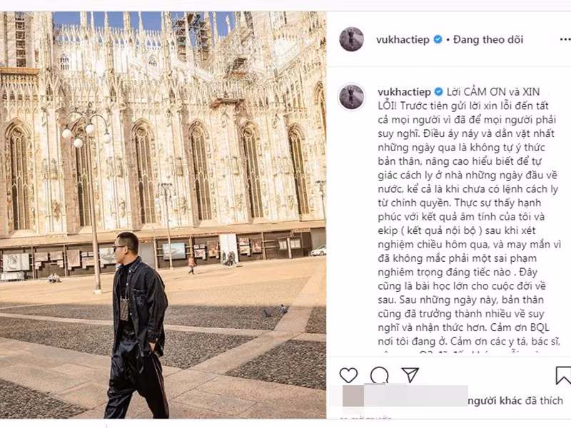 Trước làn sóng chỉ trích, Khắc Tiệp lên tiếng xin lỗi. Anh nhận sai vì ý thức cách ly kém.