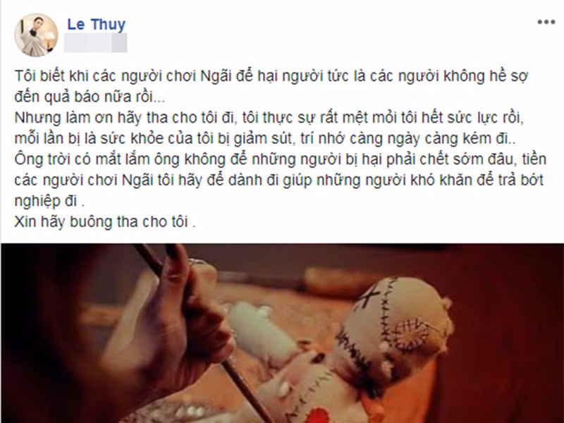 Năm 2019, Lê Thúy lên tiếng van xin người chơi ngải hay tha cho mình vì sức khỏe của cô đang bị ảnh hưởng nghiêm trọng. "Ông trời có mắt lắm, ông không để những người bị hại phải chết sớm đâu. Tiền các người chơi ngải tôi hãy để dành đi giúp những người khó khăn để trả bớt nghiệp đi. Xin hãy buông tha cho tôi”, cô viết. Tuy vậy, đến nay tính xác thực chuyện những sao Việt bị chơi ngải vẫn khiến nhiều người bán tín bán nghi.