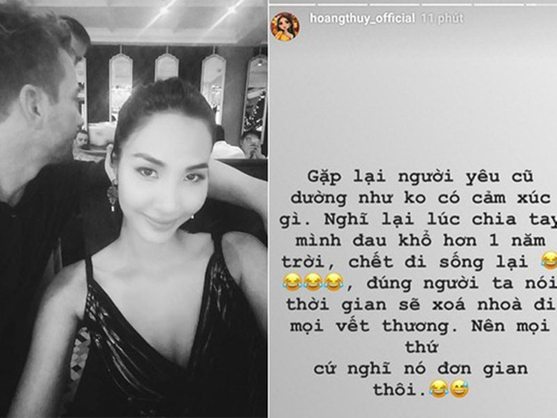 Năm 2019, Hoàng Thùy gặp lại bạn trai cũ. Cô tiết lộ trong hơn 1 năm sau khi chia tay, cô đau khổ đến "chết đi sống lại". Tuy nhiên, lúc gặp tình cũ, cô dường như lại không có cảm xúc nào.