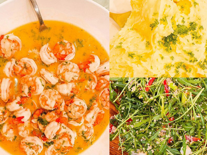 Lan Khuê phụ bếp cho Tuấn John. "Ba nó nấu bày quá bày nên dù ngon đó nhưng mệt quá má nó ăn đại khái rồi chụp hình facebook thôi", siêu mẫu khéo khen tài nấu ăn của chồng.