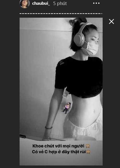 Châu Bùi còn đăng tải hình ảnh vòng eo thon gọn. Ở nơi cách ly, cô ăn uống đầy đủ và có nhiều thời gian tự tập thể dục.