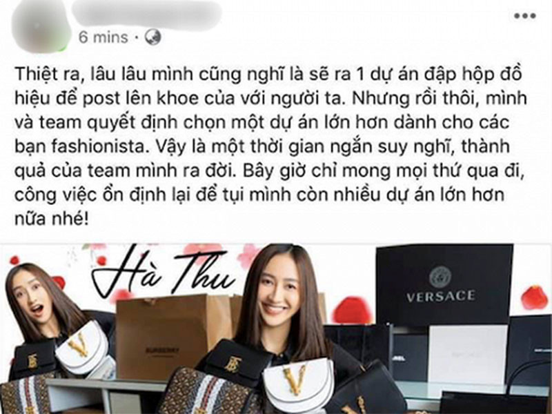 Tuy nhiên, một Facbooker lại đăng clip đập hộp đồ hiệu của Hà Thu kèm lời chia sẻ khiến Hà Thu vướng nghi vấn đi mượn đồ để sống ảo.