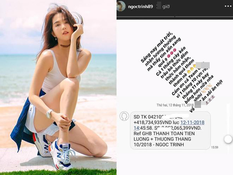 Nguồn thu nhập của Ngọc Trinh còn đến từ làm CEO một công ty. Hồi tháng 11/2018, cô khoe lương và thưởng trong tháng 10 là hơn 400 triệu đồng. Ảnh: Khám phá