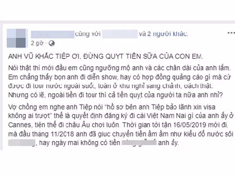 Khắc Tiệp còn bị tố quỵt tiền. Cụ thể, hồi tháng 7/2019, một cặp vợ chồng tố "ông trùm chân dài" quỵt 100 triệu đồng tiền cọc dự một đêm tiệc của ông trùm chân dài này tại Cannes vào tháng 5/2019.