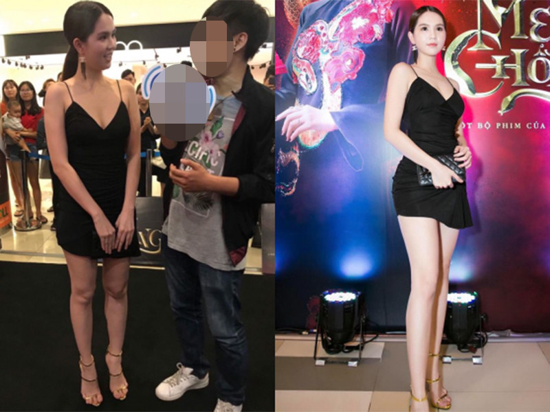 Ngọc Trinh bị dìm hàng về chiều cao khi tham gia một buổi ra mắt phim. Ảnh: Pose