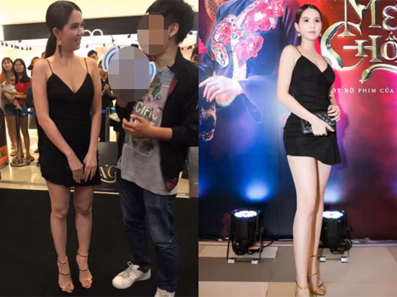 Ngọc Trinh bị dìm hàng về chiều cao khi tham gia một buổi ra mắt phim. Ảnh: Pose