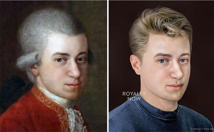 AI đã tạo ra một hình ảnh Mozart hiện đại với mái tóc ngắn, làm nổi bật sự điển trai và trí tuệ của ông trong thế kỷ 21. (Ảnh: Royalty Now Studios)