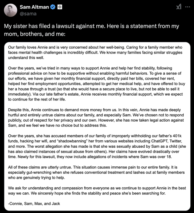 Sam Altman đã phủ nhận hoàn toàn những cáo buộc này. Trong tuyên bố công khai trên nền tảng X (trước đây là Twitter), Altman viết thay mặt cho bản thân và gia đình, gồm mẹ Connie Altman và hai người anh em khác. Gia đình Altman bác bỏ các cáo buộc, gọi đây là những tuyên bố “hoàn toàn sai sự thật”. (Ảnh: X)