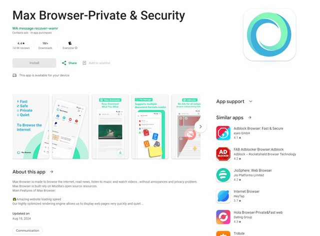 Max Browser chứa mã độc có thể thu thập dữ liệu cá nhân, tải ứng dụng độc hại khác, và đăng ký dịch vụ gian lận. (Ảnh: Nhịp sống thị trường )