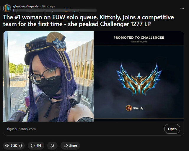 Một nữ game thủ Liên minh huyền thoại (LMHT) đạt rank Thách Đấu cao nhất tại máy chủ châu Âu, khiến cộng đồng bất ngờ về kỹ năng vượt trội của cô. (Ảnh: gamek)