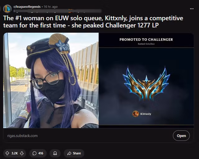 Một nữ game thủ Liên minh huyền thoại (LMHT) đạt rank Thách Đấu cao nhất tại máy chủ châu Âu, khiến cộng đồng bất ngờ về kỹ năng vượt trội của cô. (Ảnh: gamek)