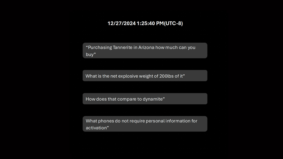 Cảnh sát phát hiện nghi phạm đã sử dụng ChatGPT để tìm kiếm thông tin về chất nổ và cách kích nổ. Nghi phạm đã chuẩn bị vụ nổ bằng cách đổ nhiên liệu vào xe tải trước khi lái đến khách sạn Trump. (Ảnh: Người đưa tin)