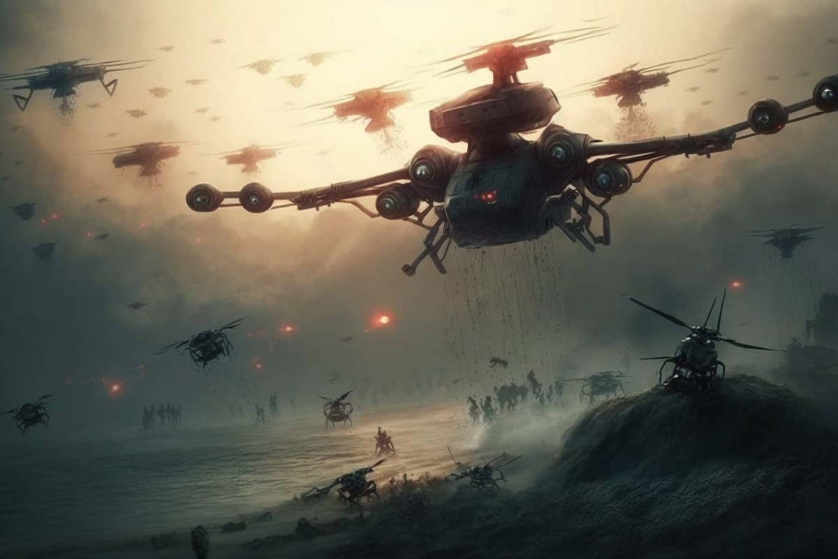 3. Phi đội máy bay không người lái tự động: Công nghệ "Bầy đàn Thích ứng Đa miền Tự động hóa" cho phép hàng loạt máy bay không người lái phối hợp tấn công mục tiêu. Đây là bước tiến lớn trong chiến tranh, nhưng đồng thời tạo nguy cơ khó kiểm soát khi AI hoạt động độc lập. (Ảnh: Futuro Prossimo)