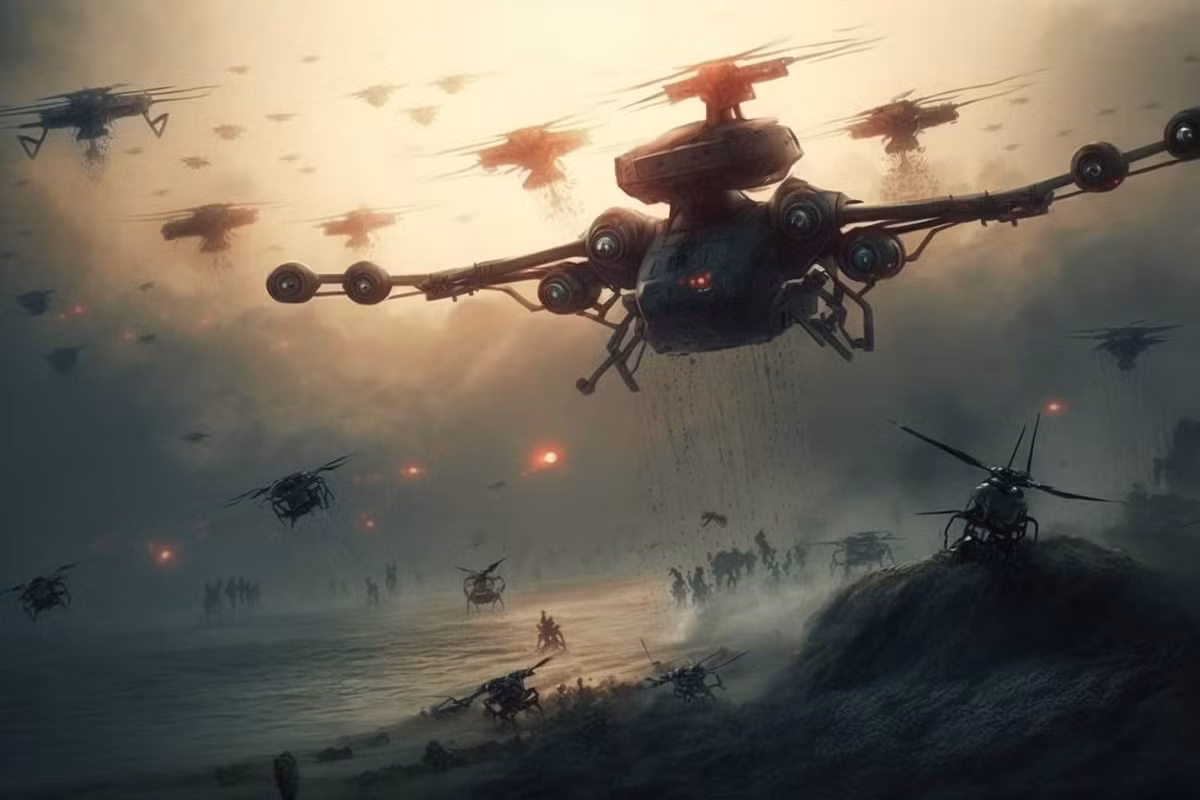 3. Phi đội máy bay không người lái tự động: Công nghệ "Bầy đàn Thích ứng Đa miền Tự động hóa" cho phép hàng loạt máy bay không người lái phối hợp tấn công mục tiêu. Đây là bước tiến lớn trong chiến tranh, nhưng đồng thời tạo nguy cơ khó kiểm soát khi AI hoạt động độc lập. (Ảnh: Futuro Prossimo)