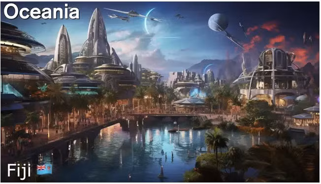 1. Cộng hòa Fiji: Qua "con mắt" AI, Cộng hòa Fiji trở thành quốc đảo hiện đại với các tòa nhà cao tầng ven biển, giao thông bằng siêu máy bay. (Ảnh: 9news)