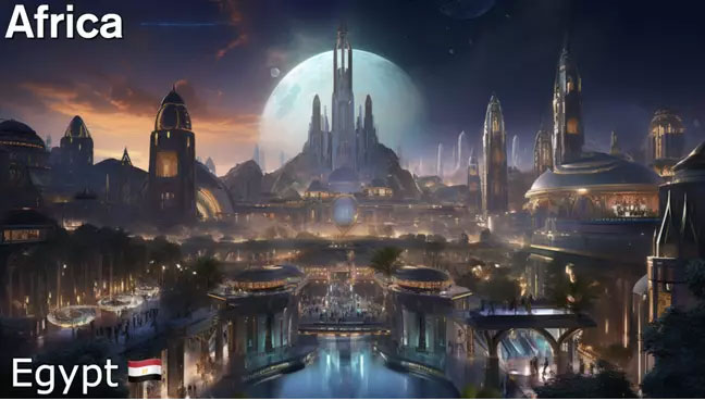 6. Ai Cập: Đậm chất khoa học viễn tưởng, với hồ nước lớn bao quanh bởi các tòa nhà hiện đại, điểm nhấn là mặt trăng khổng lồ phía sau.(Ảnh: 9news)