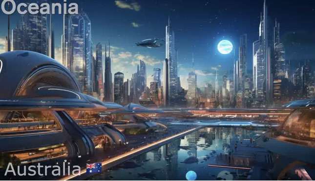 8. Australia: Công nghệ tạo ra cảnh quan “sáng tối cùng lúc”, người dân sống trong các tòa nhà chọc trời và di chuyển bằng phương tiện bay.(Ảnh: 9news)