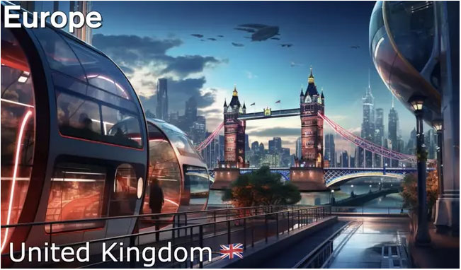 5. Vương quốc Anh: Ít thay đổi, với cầu London vẫn kiêu hãnh; người dân dùng quả cầu kính trong suốt tự lái làm phương tiện.(Ảnh: 9news)