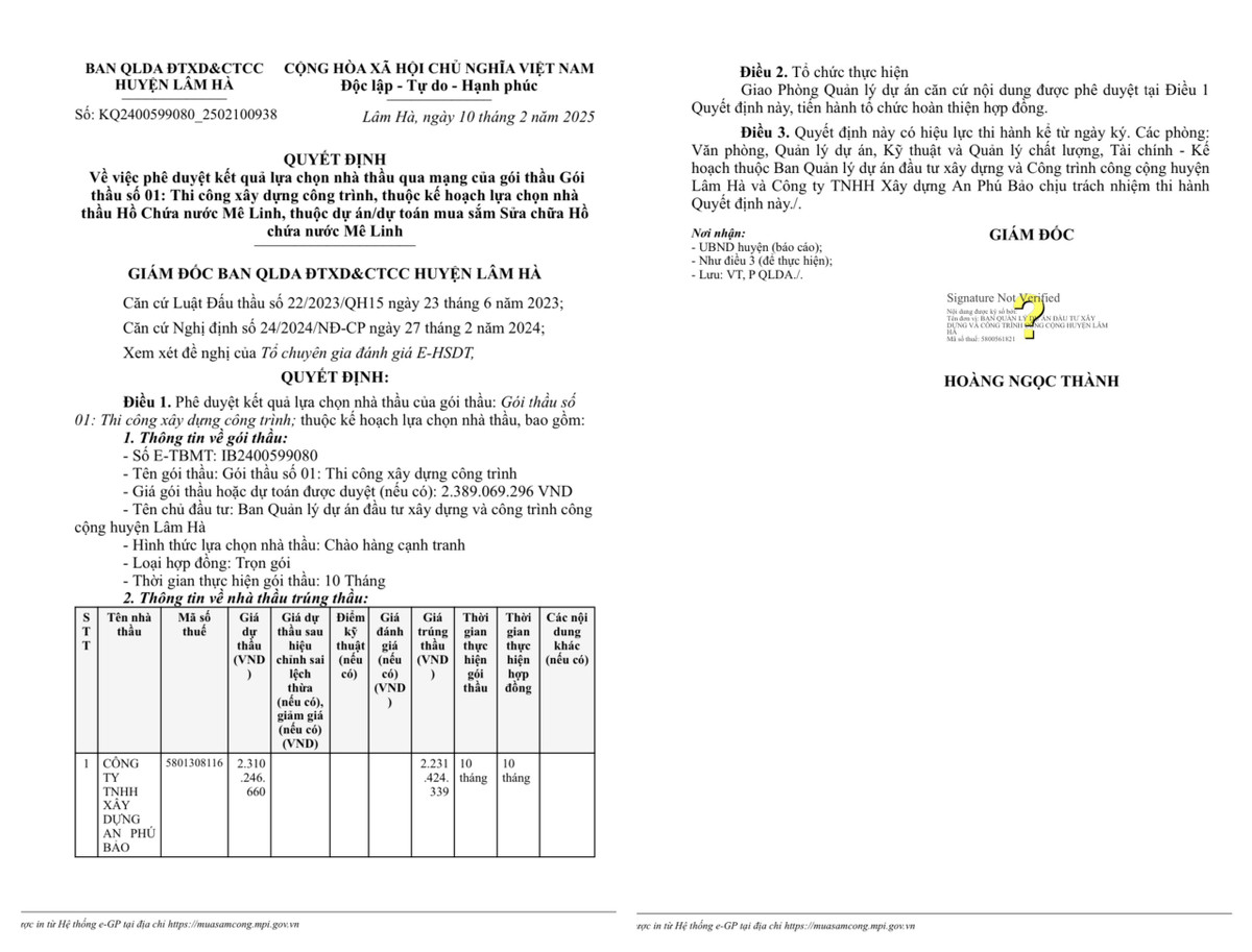 Lâm Đồng: Cty An Phú Bảo trúng gói thầu sửa chữa hồ chứa nước Mê Linh Lam Dong: Cty An Phu Bao trung goi thau sua chua ho chua nuoc Me Linh