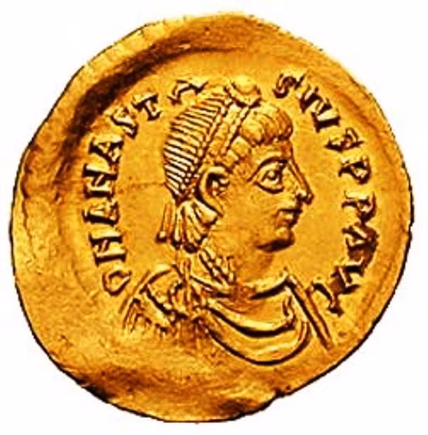 Anastasius I lên ngôi hoàng đế Byzantine từ năm 491-518. Trong thời gian trị vì, ông đã cho ban hành một số loại tiền mới.