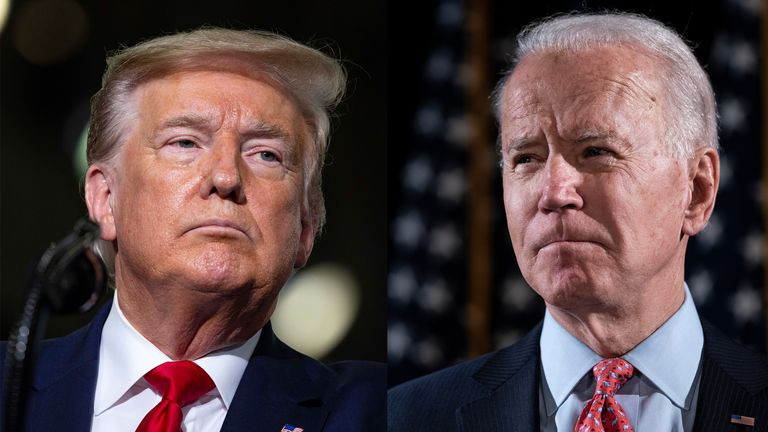 Có thể thấy, cách biệt giữa Tổng thống Trump và ứng viên Joe Biden đã thu hẹp đáng kể. Đây là tín hiệu khả quan cho thấy Tổng thống Trump có thể "lội ngược dòng" khi chỉ còn chưa đầy 3 tháng nữa, cuộc bầu cử Tổng thống Mỹ 2020 sẽ chính thức diễn ra. Ảnh: Sky.