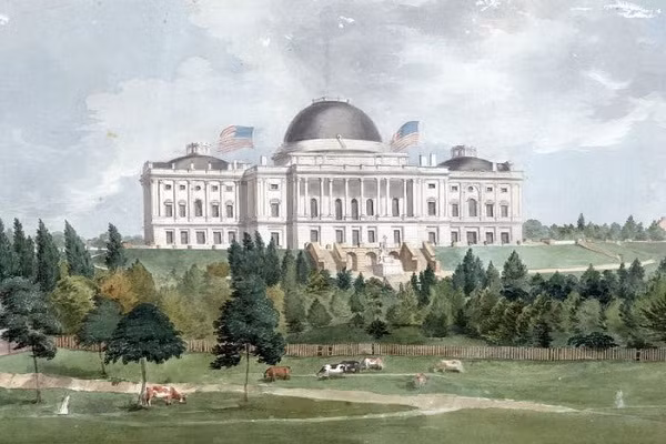 Kiến trúc sư Benjamin Henry Latrobe và Charles Bulfinch đã thay đổi một chút thiết kế của tòa nhà trong quá trình trùng tu. Ảnh: Bản vẽ Điện Capitol vào năm 1831 của John Rubens Smith.