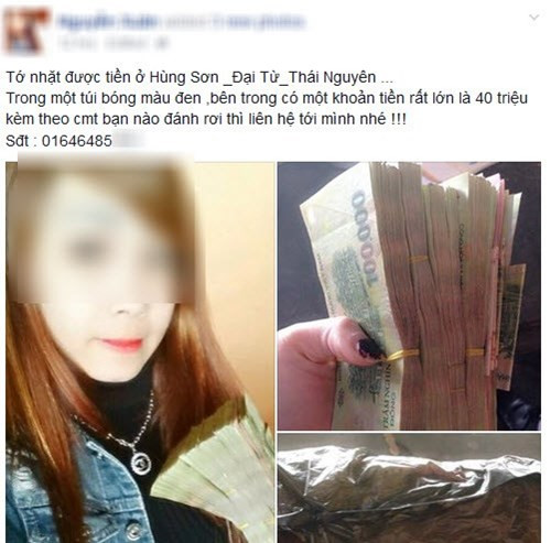 N.Xuân - một 9X ở Thái Nguyên đăng bài lên mạng, kể về việc nhặt được số tiền 40 triệu đồng và muốn trả lại người mất cũng gây nên nhiều tranh cãi. Không ít dân mạng cho rằng N.Xuân bịa đặt để được nổi tiếng, nhưng cô nàng 9X một mực khẳng định mình không muốn nổi tiếng, đã bàn giao số tiền này cho cơ quan chức năng và chỉ mong người bị mất sớm tìm lại được số tiền.