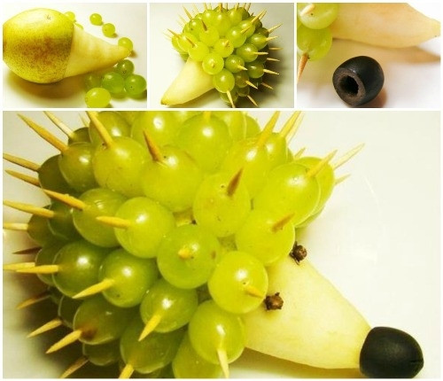 Cách bày mâm cỗ trung thu sẽ thêm phần nổi bật với con nhím từ quả nho. Cách làm con nhím dễ thương: Để làm một con nhím bằng hoa quả bạn cần chuẩn bị 1 quả lê xanh, 1 chùm nho xanh, 1 quả nhỏ đen, tăm và dao.