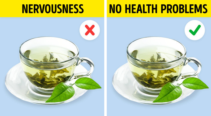 Trà xanh: Cùng với caffeine, trà xanh chứa các chất kích thích như theobromine và theophylline có thể gây nhịp tim nhanh và cảm giác căng thẳng và lo âu.