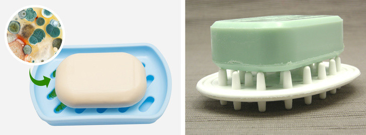 Dùng kệ đặt xà phòng tránh đọng nước: Nếu bạn sử dụng bánh xà phòng, hãy kiểm tra nơi bạn đặt nó sau mỗi lần sử dụng. Tránh để tụ nước khiến vi khuẩn và nấm mốc xuất hiện.