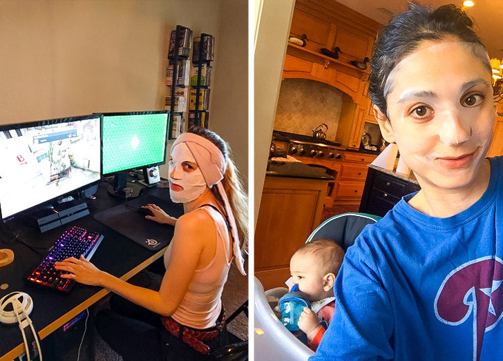 Đẹp bằng mọi giá: Đắp mặt làm đẹp là thói quen hàng ngày của phụ nữ ngay cả khi họ mải chơi game hoặc chăm sóc em bé. 