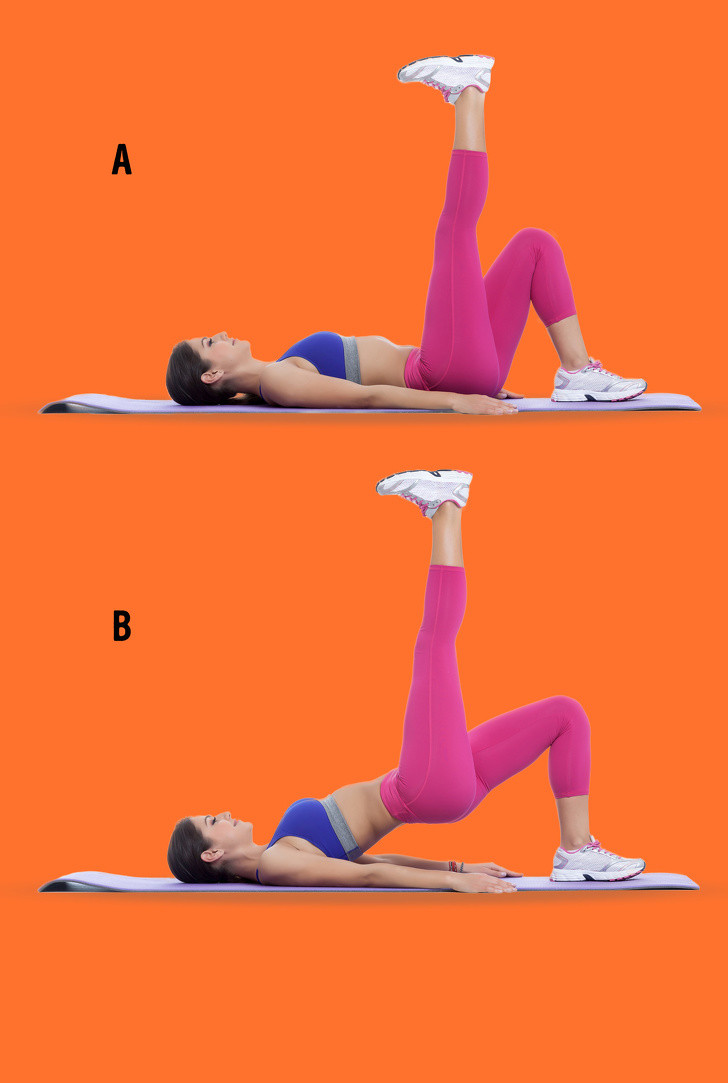 Bắc cầu một chân: Nằm ngửa, duỗi tay ra bên cạnh. Uốn cong đầu gối. Nâng chân phải và hông lên. Lặp lại 20 lần với mỗi bên chân. Ảnh: BS.