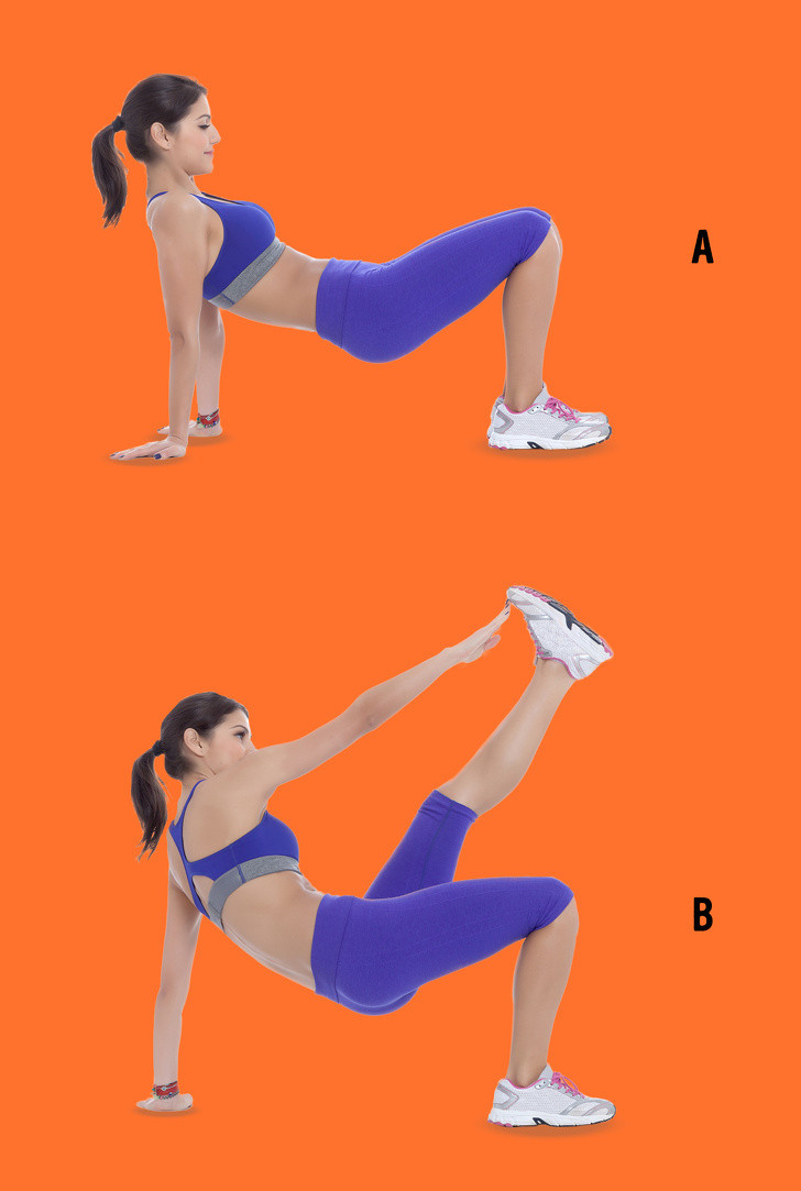 Ngón tay chạm ngón chân: Giữ chân tay trong tư thế bắc cầu như trong hình A. Nhấc cánh tay phải và chân trái lên, chạm vào ngón chân. Lặp lại 15 lần mỗi chân.
