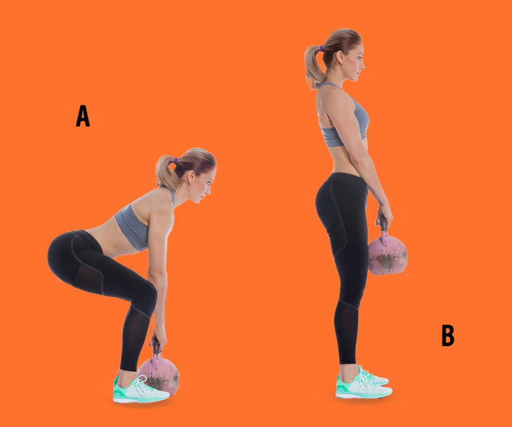 Kettlebell squat: Cong đầu gối, giữ lưng thẳng và nghiêng về phía sàn. Tay cầm một chai nước nặng hoặc một quả tạ. Giữ cho mông căng nhất. Sau đó đứng lên. Lặp lại 15 lần.