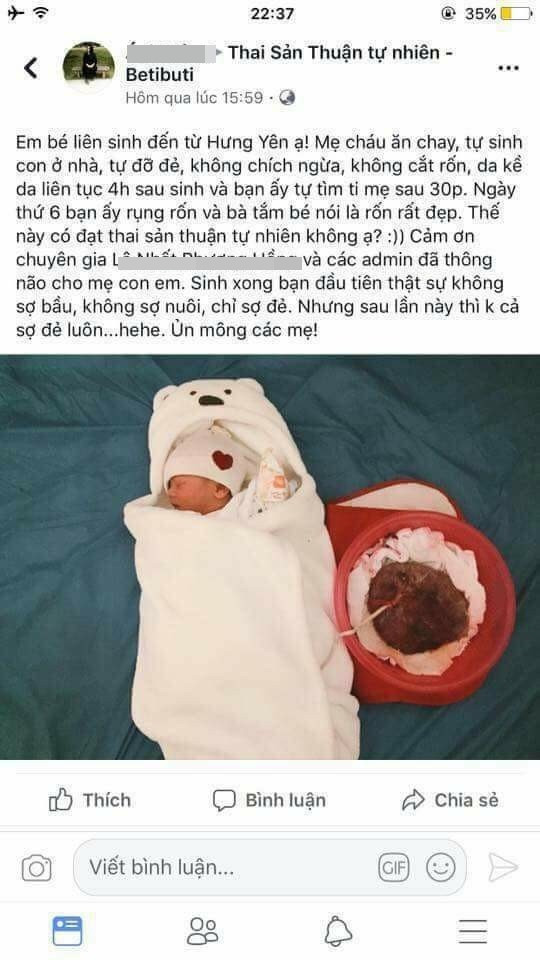 Nội dung về việc đẻ thuận tự nhiên của bà mẹ ở Hưng Yên được lan truyền trên mạng xã hội. Ảnh: Facebook.