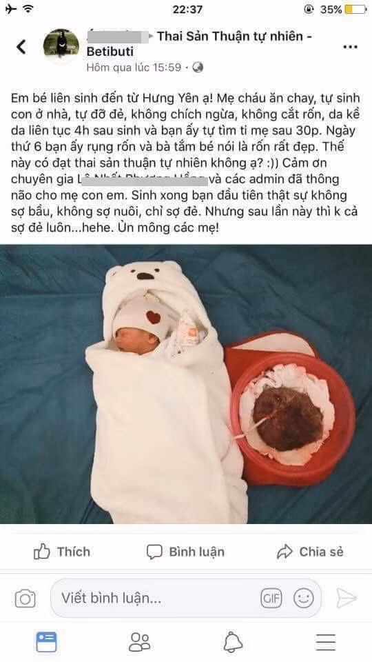 Nội dung về việc đẻ thuận tự nhiên của bà mẹ ở Hưng Yên được lan truyền trên mạng xã hội. Ảnh: Facebook.