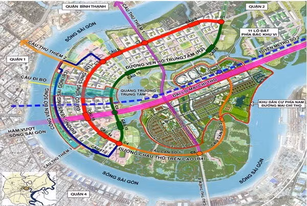 Sẽ có 5 cây cầu và một hầm chui nối các khu vực khác của thành phố với khu đô thị Thủ Thiêm. Hiện cầu Thủ Thiêm 1 và hầm vượt sông Sài Gòn (nối quận 2 và quận 1) đã được xây dựng và đưa vào sử dụng. Đầu năm 2015 cầu Thủ Thiêm 2 đã khởi công với tổng số vốn gần 3.100 tỷ đồng nối quận 2 với quận 1. Cầu Thủ Thiêm 3 bắt đầu từ đường Tôn Đản quận 4. Cầu Thủ Thiêm 4 nối quận 2 và quận 7, dự kiến khởi công năm 2018 và sẽ hoàn thành, đưa vào sử dụng vào cuối năm 2019 với tổng kinh phí hơn 5.300 tỷ đồng.
