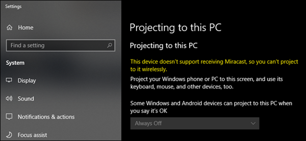  Bước 1: Thiết lập PC nhận tín hiệu Trước khi kết nối hai máy Windows, bạn cần phải thiết lập kết nối cho cả 2 thiết bị. Theo đó, trên chiếc PC mà bạn muốn sử dụng như một màn hình không dây (hay còn được gọi là “PC nhận” (receiving PC), bạn cũng nhấn vào nút/biểu tượng Cortana, nhập từ khoá “Projecting to this PC” vào hộp tìm kiếm, và sau đó nhấn chọn “Projecting to this PC”.
