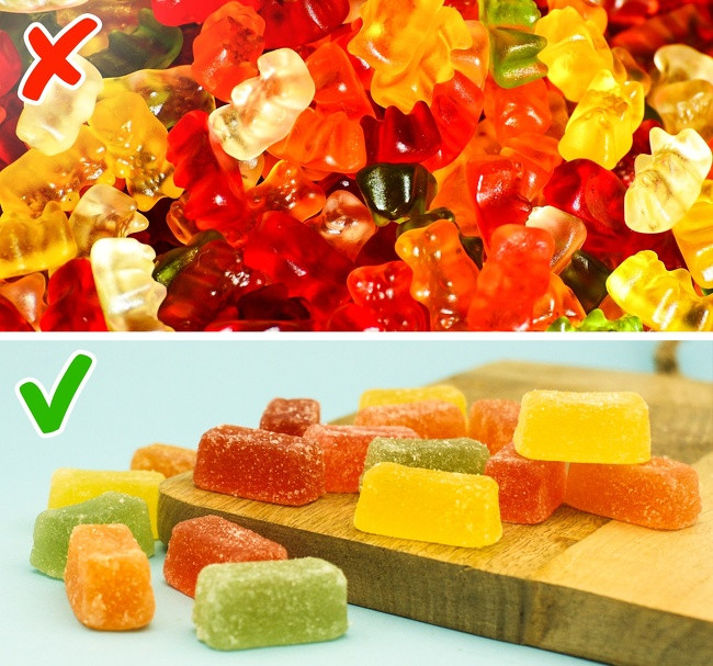 Kẹo gummy gấu được nhiều trẻ em và người lớn yêu thích. Tuy nhiên, chất pectin tự nhiên trong kẹo này hiện thường được thay thế bằng gelatin từ bì lợn và màu sắc đẹp mắt của chúng được làm bằng chất tăng cường hương vị tổng hợp. Những chất này đều không tốt cho sức khỏe.