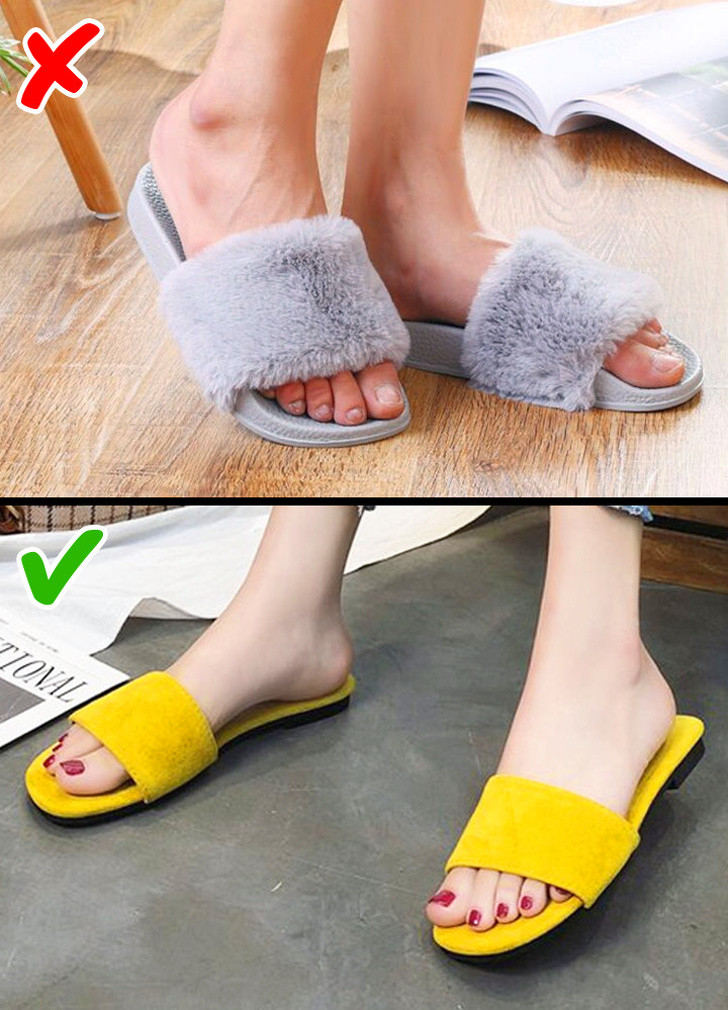Hãy cất những đôi dép lông đi và dùng những đôi dép đế thấp với kiểu dáng và màu sắc đơn giản.