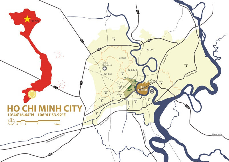 Thủ Thiêm nằm trên một bán đảo 647 ha trên sông Sài Gòn từ trung tâm lịch sử của thành phố Hồ Chí Minh, thuộc địa bàn quận 2. Khu đô thị mới Thủ Thiêm được phê duyệt vào năm 1996, và trải qua vài lần điều chỉnh quy hoạch, trong đó lần mới nhất là quy hoạch 1/2.000 điều chỉnh năm 2012 trên cơ sở bản quy hoạch 2005 do Sasaki Associates (Mỹ) thực hiện.