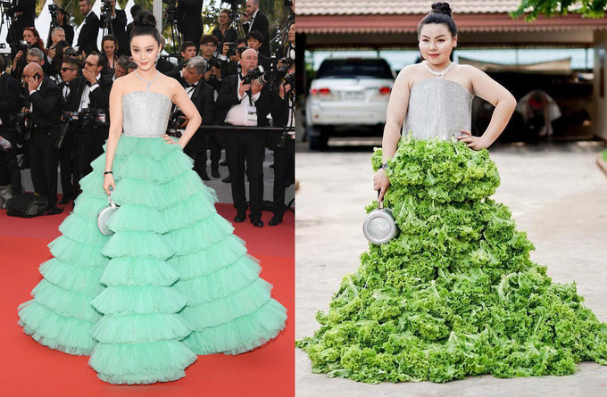 Mẫu váy hiệu Ali Karoui của Phạm Băng Băng trên thảm đỏ Cannes 2018 được Sine Benjaphorn tái hiện bằng rau diếp. Chiếc clutch được thay thế bằng chiếc chảo.