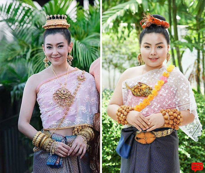 Tôm, cá, tỏi... cũng trở thành phụ kiện của cô.