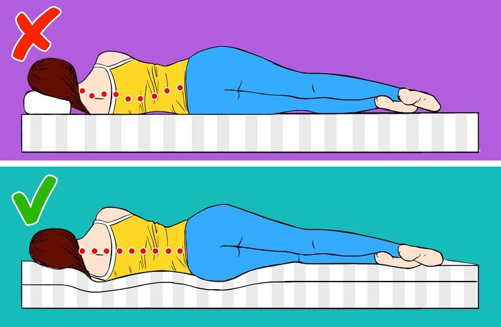 Tư thế ngủ không đúng cộng thêm một tấm nệm cứng không những khiến bạn khó ngủ mà còn làm cho bạn thấy đau lưng nhiều hơn. Do đó, bạn nên lựa chọn tấm nệm với độ mềm vừa phải và giữ cột sống thẳng, không nằm gối quá cao.