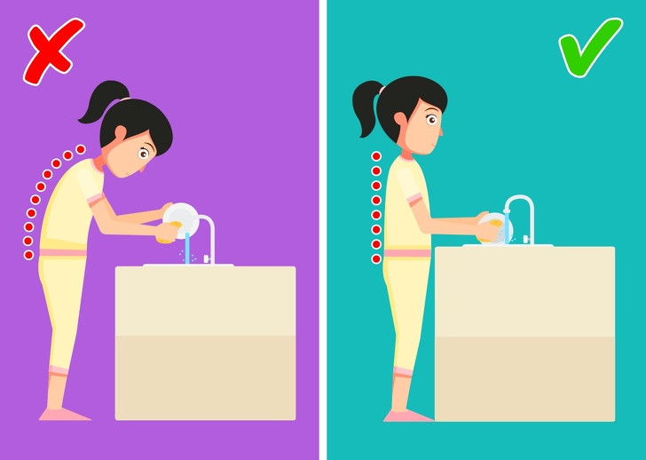 Làm việc nhà cũng ảnh hưởng không nhỏ tới cột sống của bạn. Bạn cần chú ý tới chiều cao của bồn rửa, bàn ăn, bàn ủi đồ xem có phù hợp với vóc dáng của mình không.