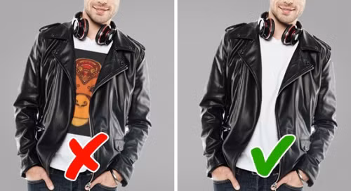 Mặc áo phông in nhiều họa tiết bên trong áo khoác: Những chiếc áo nhiều họa tiết đã trở nên lỗi thời, đặc biệt là khi mặc bên trong áo khoác. Lỗi ăn mặc này khiến bạn trông kém sang hơn nhiều. Tốt nhất là chọn một chiếc áo phông trơn bên trong.