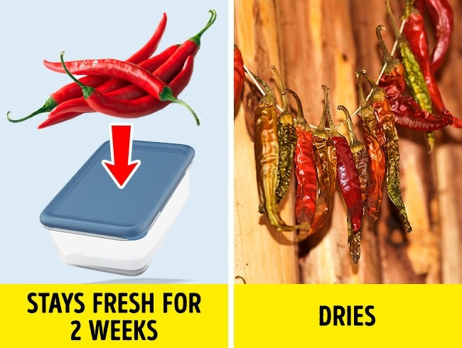 Để giữ ớt tươi trong tối đa 2 tuần, bảo quản trong hộp nhựa để vào tủ lạnh.