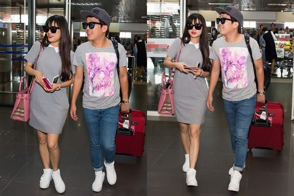Khi mặc đồ đôi với Nhã Phương, Trường Giang cũng chọn áo phông đơn giản.